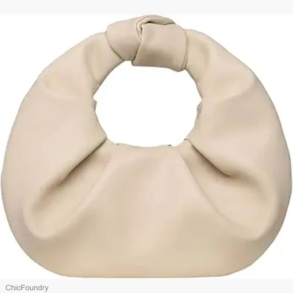 Ruched Faux Leather Hobo Clutch Purse, Top Handle, Button Closure, Evening Bag